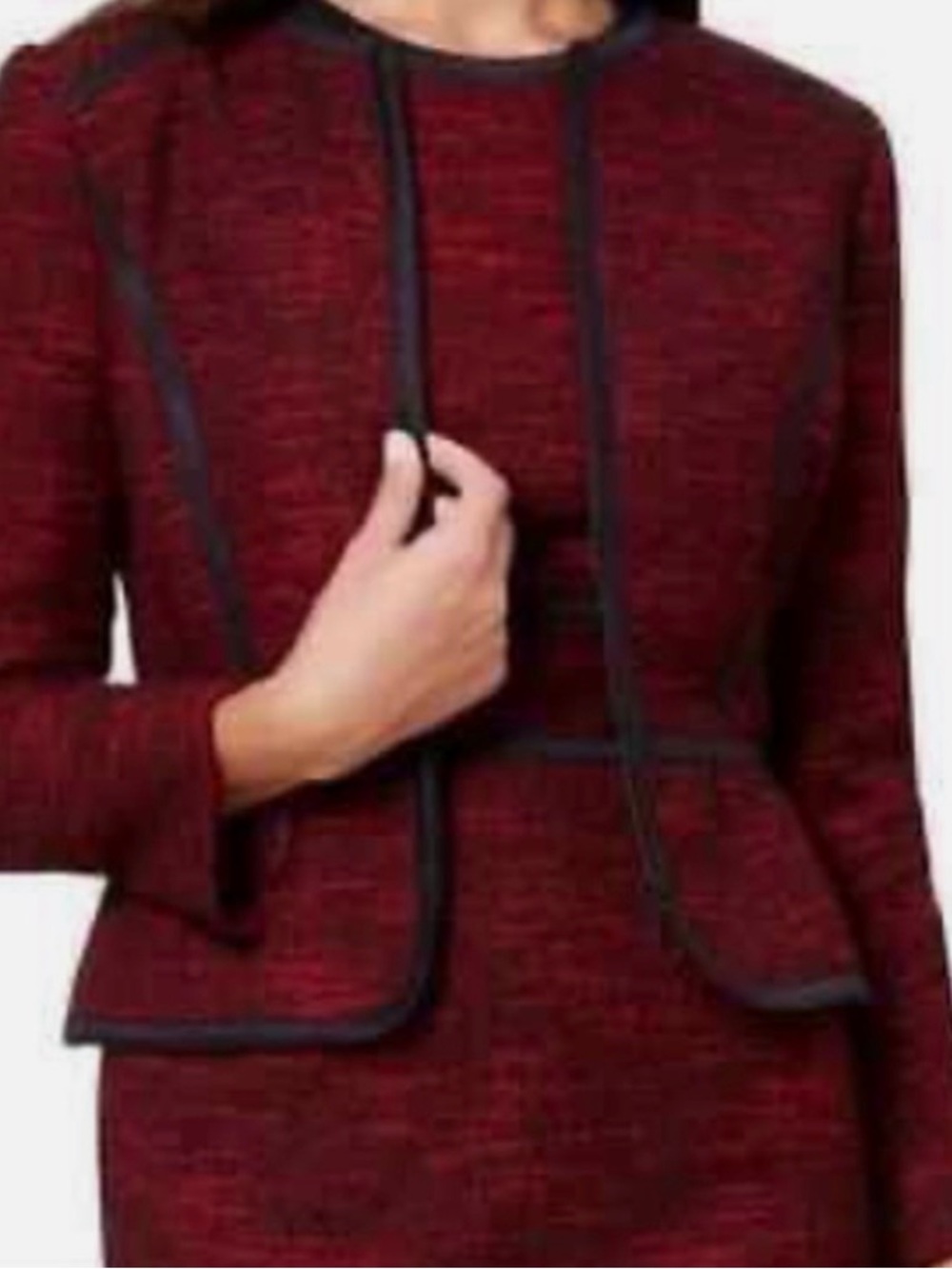 Tailored Burgundy Peplum Blazer with Black Piping
